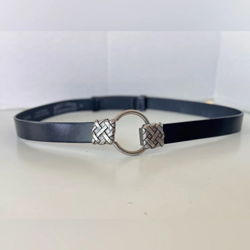 Belt Shak Black Italian Leather Slide Belt Silver Tone Weave Buckle